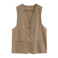 thumbnail image 1 of Qiaocaity Womens Casual Jacket Vest Cotton Linen Outerwear V-neck Cardigan Vest Sleeveless Hooded Casual Jacket Khaki 2XL, 1 of 5