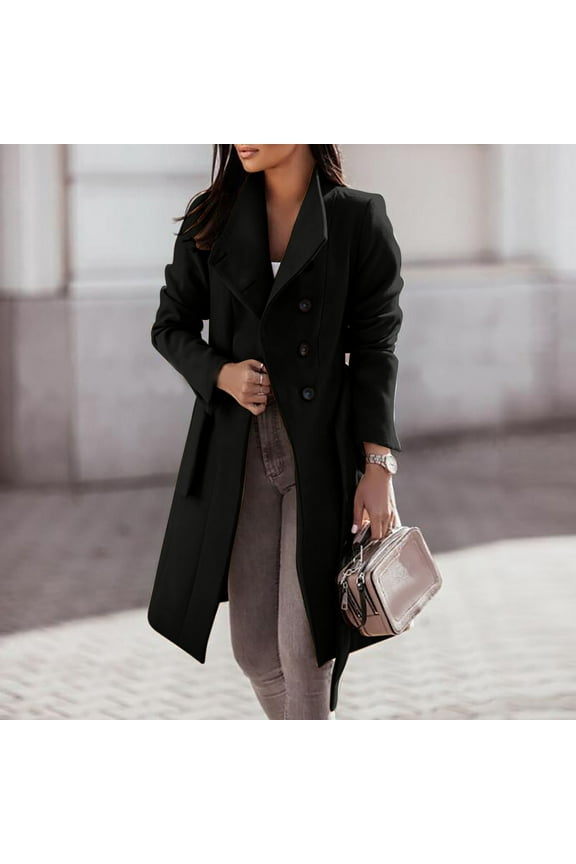 Womens Fall Fashion Long Trench Coat 2022, Womens Lapel Woolen Cloth Coat Trench Jacket Long Overcoat Outerwear Cardigan, Black, M