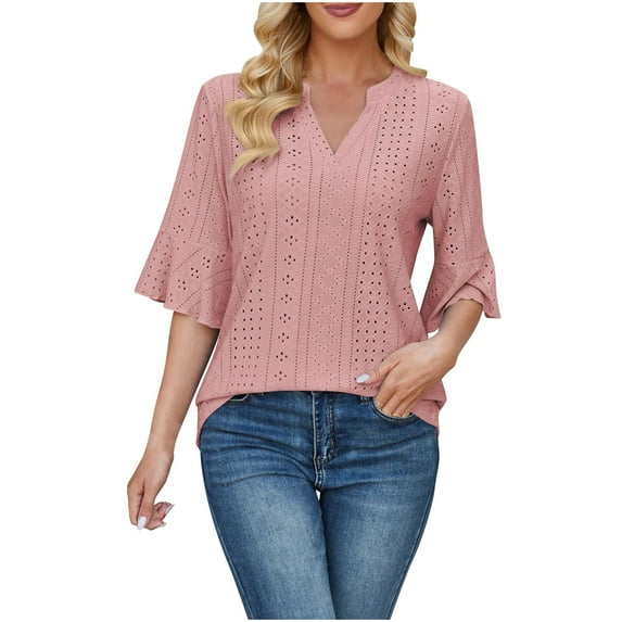 Qiaocaity Womens Summer Blouses Fashion Short Sleeve Tops Loose Casual V Neck Blouses Shirt Tops Watermelon Red S
