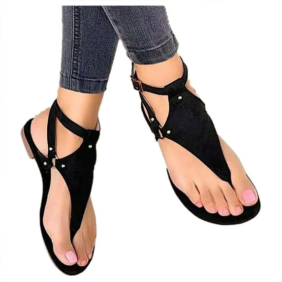 Qiaocaity Womens Summer Sandals Casual Comfortable Shoes Flat Bottom Roman Flip Flops Casual Women's Sandals Black Size 4.5