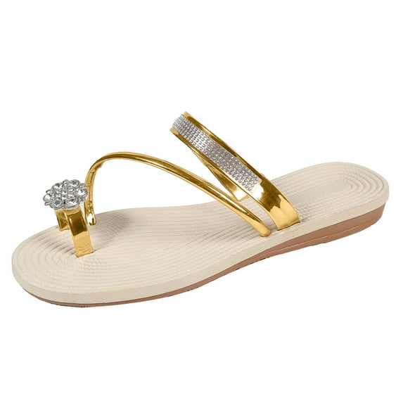 Qiaocaity Womens Summer Sandals Casual Slippers Rhinestone Flowers Decorate Pinch Toe Sandals Gold Size 9.5