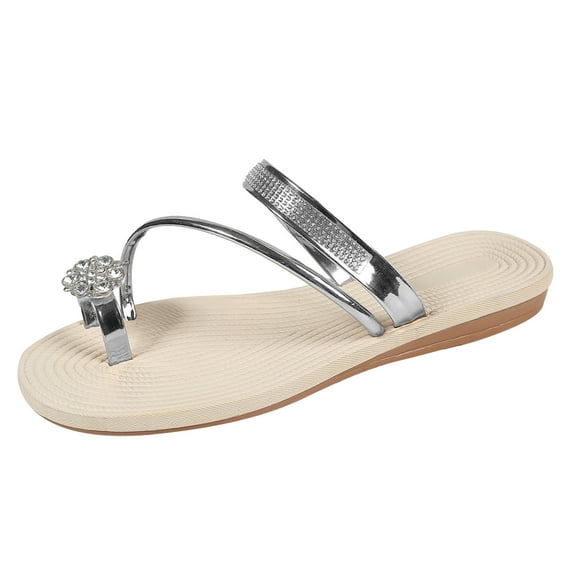 Qiaocaity Womens Summer Sandals Casual Slippers Rhinestone Flowers Decorate Pinch Toe Sandals Silver Size 7.5