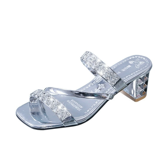 Qiaocaity Wonens Sandals with Thick Heels Square Head Slippers Silver Size 9