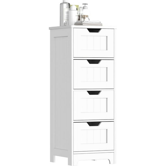 Qiaoxuan Bathroom Floor Cabinet, White Wooden Storage Cabinet with 4 Drawers, Side Storage Organizer, Free-Standing Towel Cabinet for Bathroom/Entryway/Living Room
