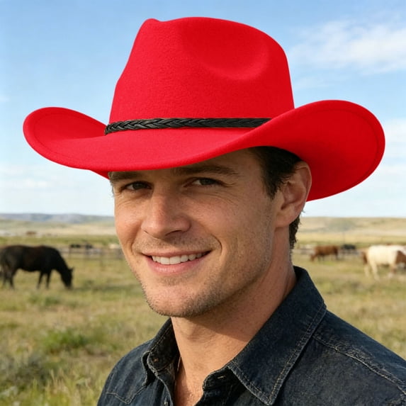 Qicasul Cowboy Hat for Women and Men Western Cowboy Cowgirl Hat Wide Brim Belt Buckle Retro Hats Red