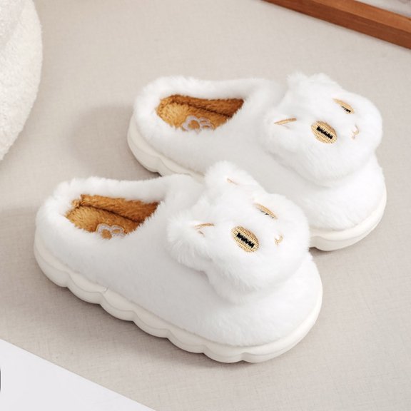Qicasul Girls Slippers Girls Animal Slippers Winter Warm Lined Soft Sole Indoor Outdoor Cozy Comfortable Cartoon Cat Design Toddler Kids Footwear White US: 12