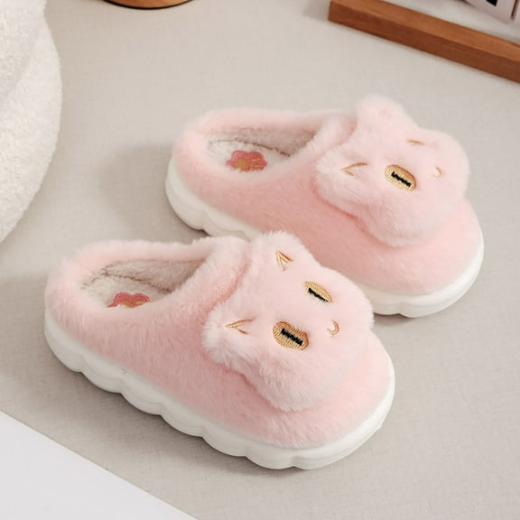 Qicasul Girls Slippers Girls Animal Slippers Winter Warm Lined Soft Sole Indoor Outdoor Cozy Comfortable Cartoon Cat Design Toddler Kids Footwear Pink US: 4