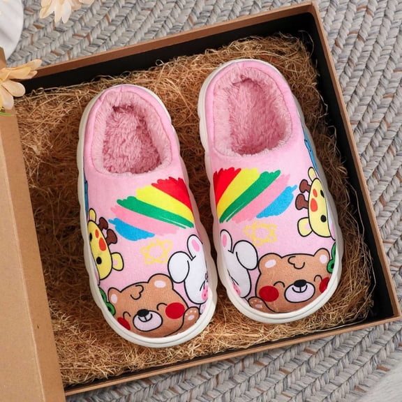 Qicasul Girls Slippers Kids Soft Animal Print Slippers Comfortable Breathable Indoor Winter Slippers for Children Cozy Home Shoes Pink US: 2