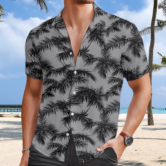 Qicasul Men Hawaiian Print Short Sleeve Button Down Shirt,L
