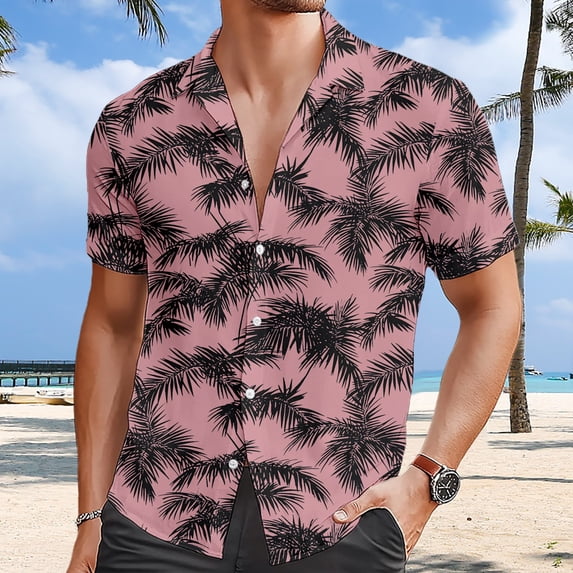 Qicasul Men Hawaiian Print Short Sleeve Button Down Shirt,M