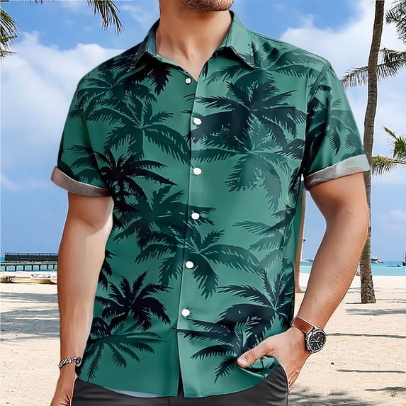 Qicasul Men Hawaiian Print Short Sleeve Button Down Shirt,S