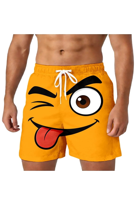 Men's Funny Cartoon Face Print Shorts, 3D Funny Expression Casual Summer Pants with Elastic Waist,Orange,XXXL