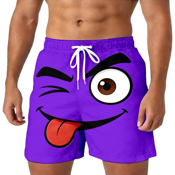 Qicasul Men's Funny Cartoon Face Print Shorts, 3D Funny Expression Casual Summer Pants with Elastic Waist,Purple,S