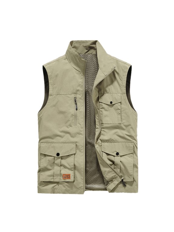 Mens Lightweight Softshell Vest Multi Pocket Outdoor Utility Sleeveless Jacket,Khaki,SIZE:M