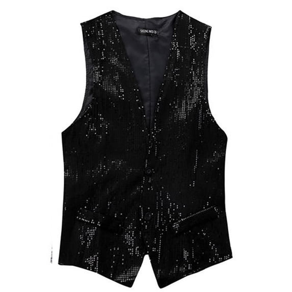 Qicasul Mens Sequin Suit Vest Sparkly Single Breasted Slim Fit Wedding Party Blazer,Black,SIZE:L