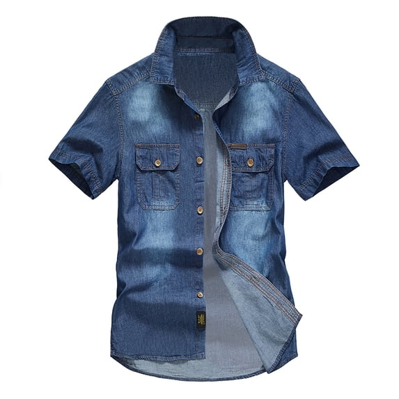 Qicasul Mens Short Sleeve Denim Work Shirt Casual Pocket Retro top Top,BU2,SIZE:XL