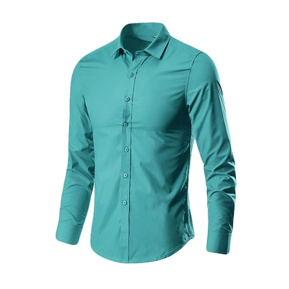 Qicasul Mens Solid Color Long Sleeve Lapel Shirt Business Casual Classic Button Front Top,Green,SIZE:XXXL