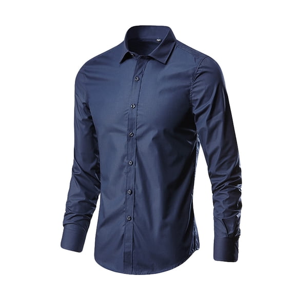 Qicasul Mens Solid Color Long Sleeve Lapel Shirt Business Casual Classic Button Front Top,Navy,SIZE:XL