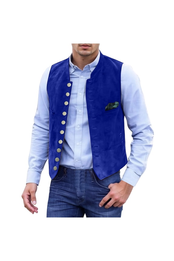 Mens Vintage Faux Suede Vest Multi Button Casual Sleeveless Jacket Retro British Style,Blue,SIZE:S
