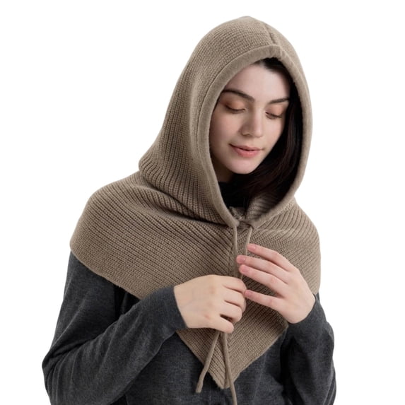 Qicasul Scarf for Unisex Chunky Knit Scarf Hat 2 In 1 Convertible Winter Neck Warmer With Drawstring For Cold Weather Khaki One Size