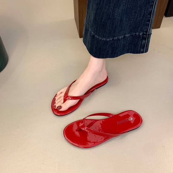 Qicasul Women' Flip Flops solid color Flat Flip Flop Sandals for Women Beach Rubber Shower Shoes Basic Thong Sandals Casual Summer Wear Red US Size:5.5