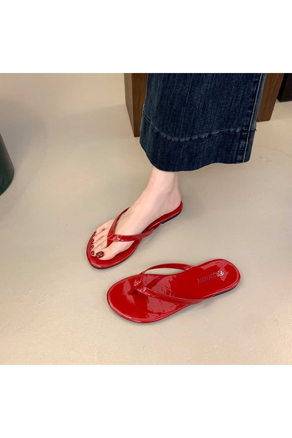Women' Flip Flops solid color Flat Flip Flop Sandals for Women Beach Rubber Shower Shoes Basic Thong Sandals Casual Summer Wear Red US Size:6