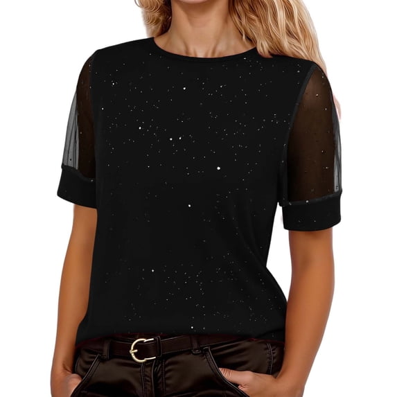 Qicasul Women T-Shirts for Female Fashion Solid Gold Embossed Mesh Round Neck Short Sleeve Top Black L