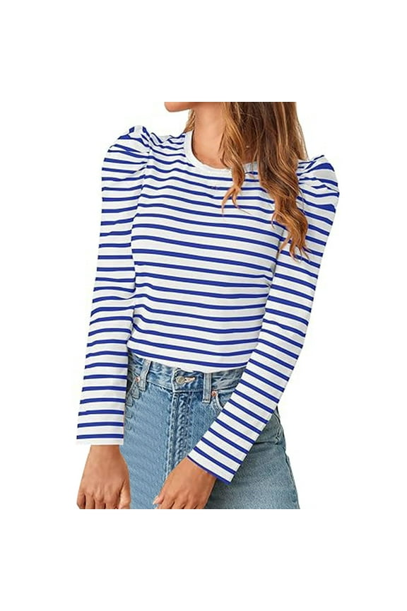 Women T-Shirts for Female Long Sleeved Crew Neck T Shirt With Puffy Sleeves Casual Base Blue XXL