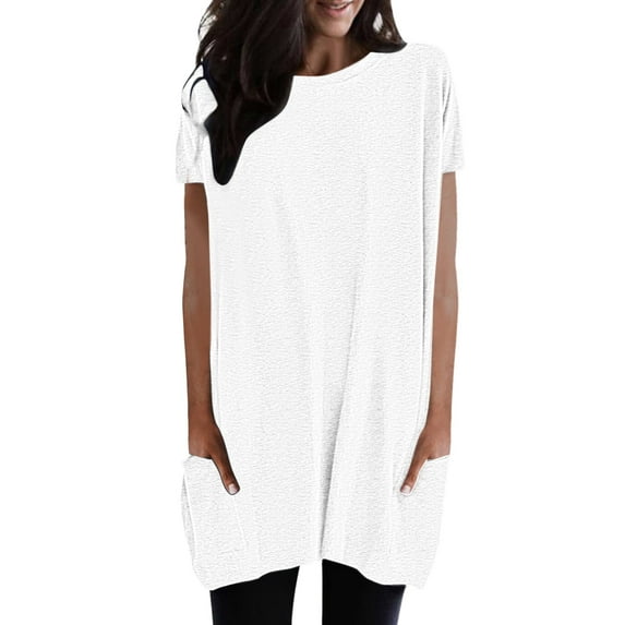 Qicasul Women T-Shirts for Female Summer Casual Solid Loose Pullover Crewneck Shirts Short Sleeve Tunic Tops Blouse With Pockets White S