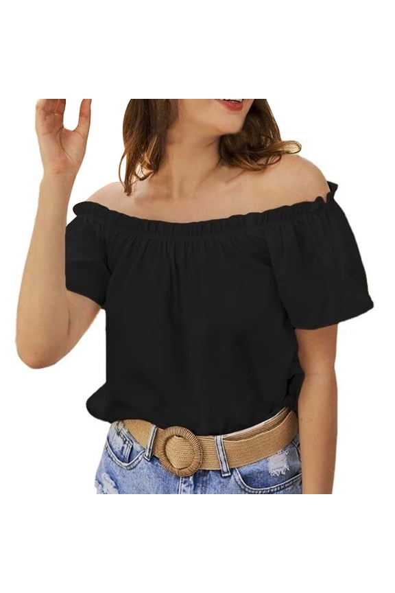 Women T-Shirts for Female one-line Shoulder solid color off-shoulder ruffled edge T-shirt Black XXL