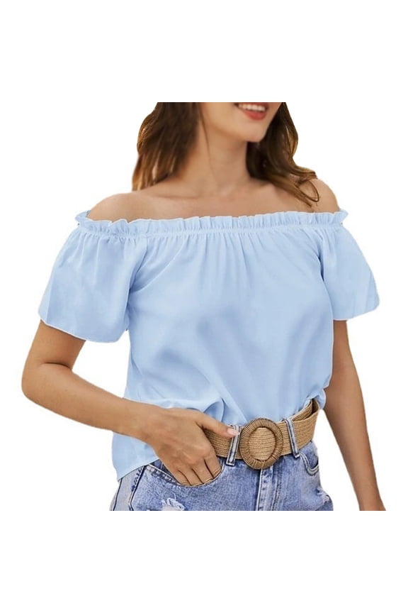 Women T-Shirts for Female one-line Shoulder solid color off-shoulder ruffled edge T-shirt Blue M