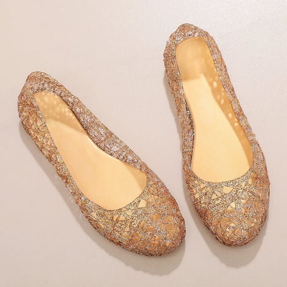 Qicasul Women's Flats Shoes Open Toe Hollow Out Breathable Flat Shoes Jelly Sandals Slip On Casual Comfortable Beach Walking Footwear Gold US Size:7.5