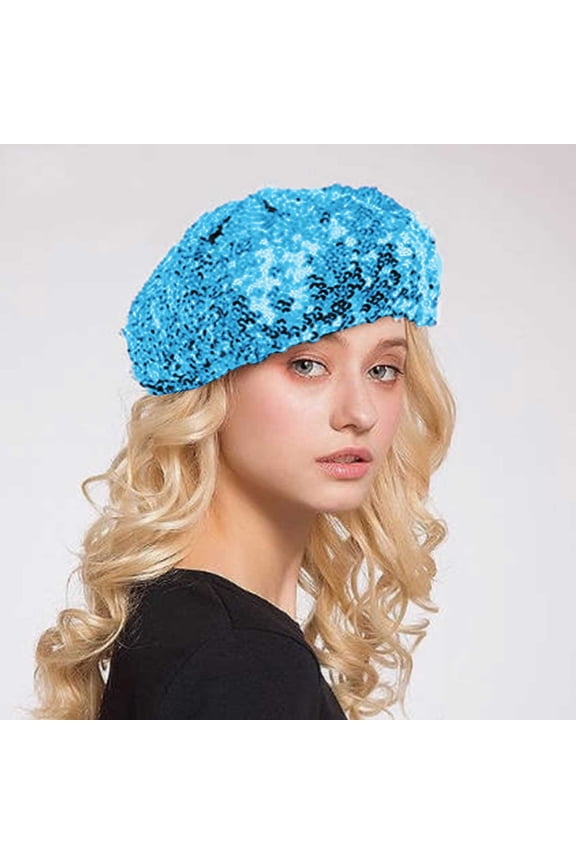 Women's Sparkling Sequins Beret Hat for Nightclub Disco Party, Glitter Star Rhinestone Cap Sky Blue