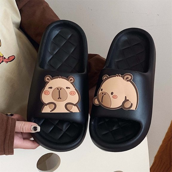 Qicasul Women's slipper Cute And Capybara EVA Thong Sandals Casual Home Soft Soled Slippers Black US Size:6