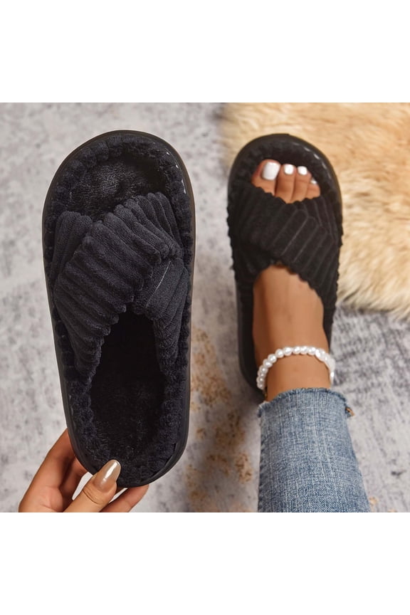 Women's slipper Winter Comfortable Strap Open Toe Platform Slippers for Home Indoor Outdoor Casual Wear Soft Shoes Black US Size:6