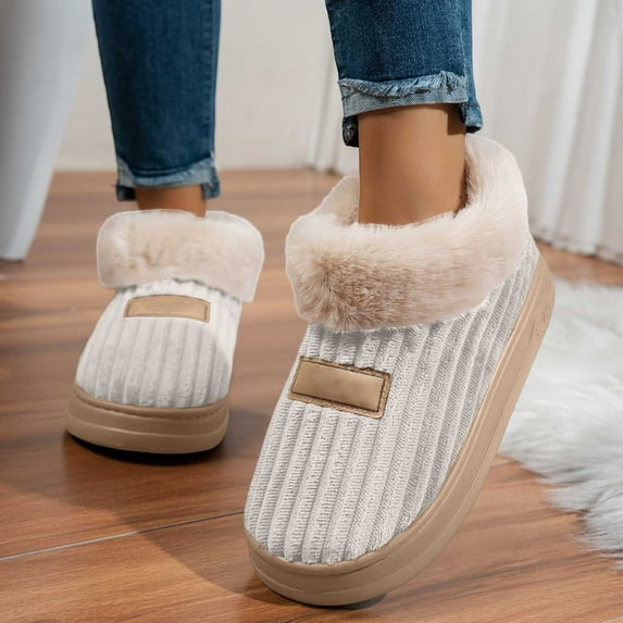 Qicasul Women's slipper Winter Corduroy Slip On Slippers With Backstrap Indoor Outdoor Comfort Shoes for Fall And Seasons Khaki US Size:10