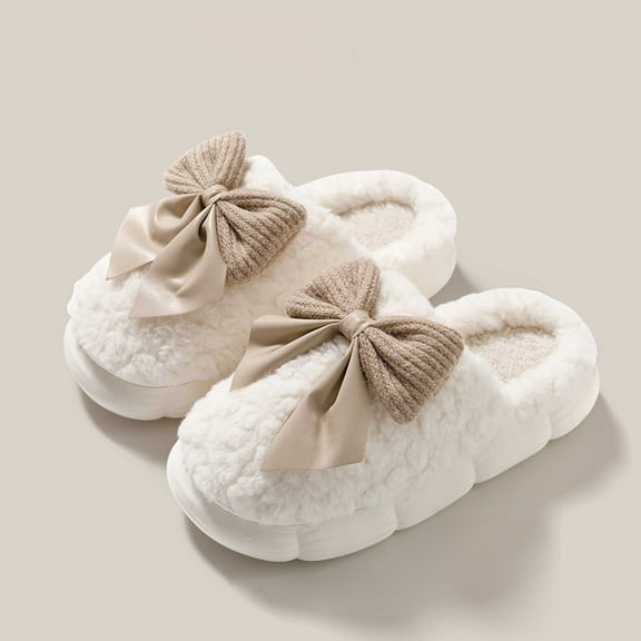 Qicasul Women's slipper Winter Cozy Slippers Fuzzy Indoor Shoes With Bowknot Design Warm Home Footwear Soft Comfortable On Flat Heel Beige US Size:6.5