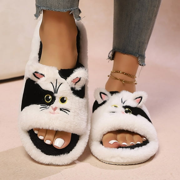 Qicasul Women's slipper Winter Fuzzy Comfortable Shoes Cute Cat Print Open Toe Flat Indoor Slides for Women Cozy Fall Home Footwear open toe Slippers Black US Size:10