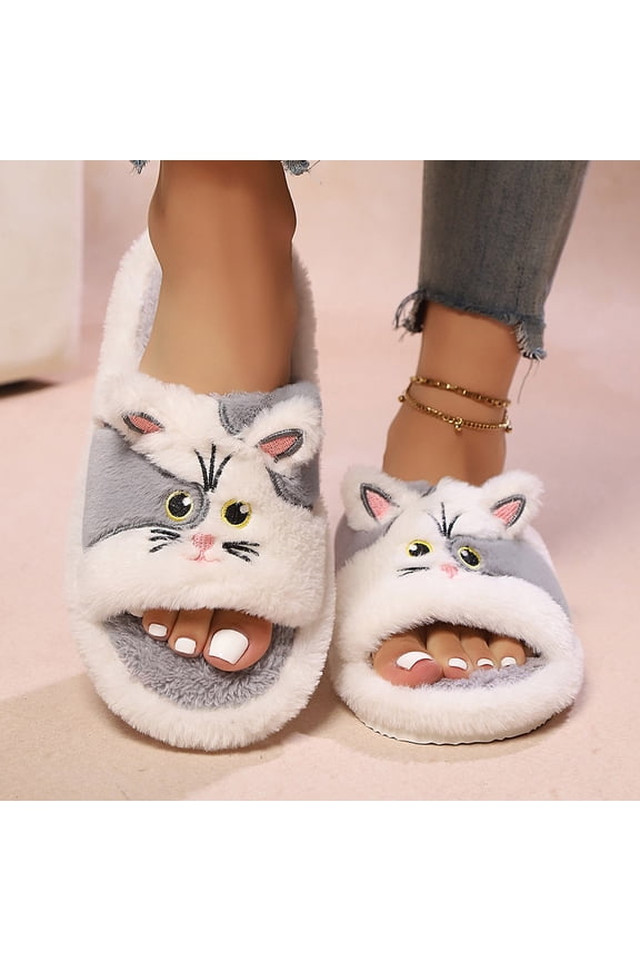 Women's slipper Winter Fuzzy Comfortable Shoes Cute Cat Print Open Toe Flat Indoor Slides for Women Cozy Fall Home Footwear open toe Slippers Grey US Size:10