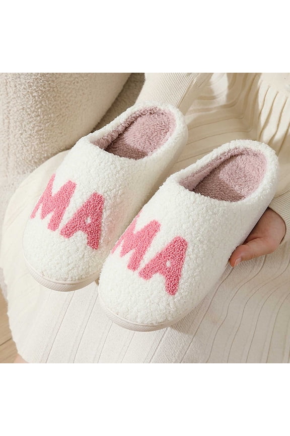 Women's slipper Winter MAMA letter Slippers Indoor Shoes Soft Comfortable Home Slides With Cute Embroidery Design for Daily Relaxation White US Size:8