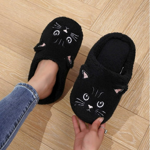 Qicasul Women's slipper Winter Slippers Fuzzy Comfortable Shoes Cute Cat Print Open Toe Flat Indoor Slides for Women Cozy Fall Home Footwear Black US Size:6