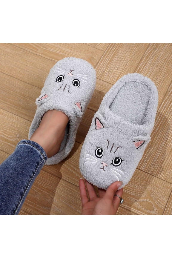 Women's slipper Winter Slippers Fuzzy Comfortable Shoes Cute Cat Print Open Toe Flat Indoor Slides for Women Cozy Fall Home Footwear Grey US Size:9