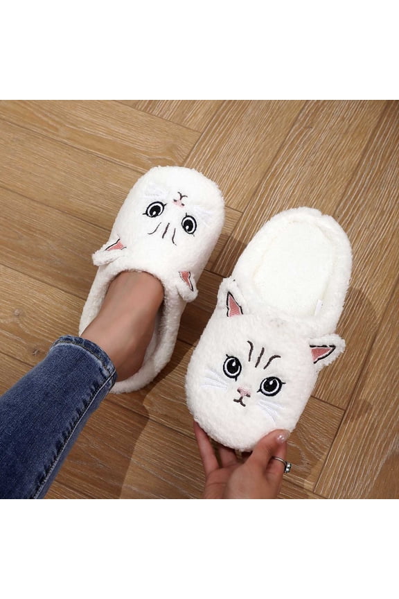 Women's slipper Winter Slippers Fuzzy Comfortable Shoes Cute Cat Print Open Toe Flat Indoor Slides for Women Cozy Fall Home Footwear White US Size:6