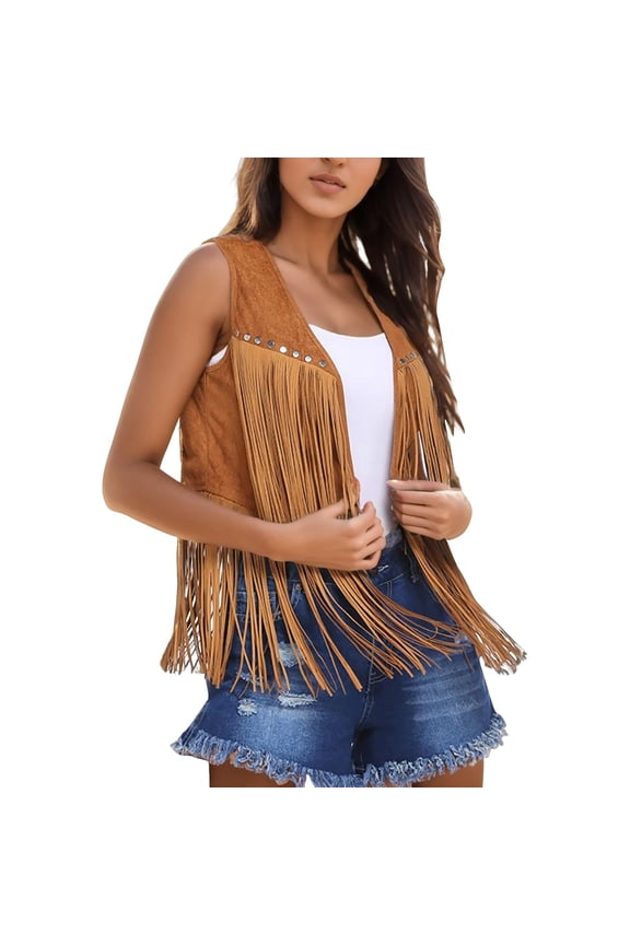 Womens Fringe Vest Faux Suede Sleeveless Open Front Boho Western Jacket Casual Hippie,Yellow,SIZE:S