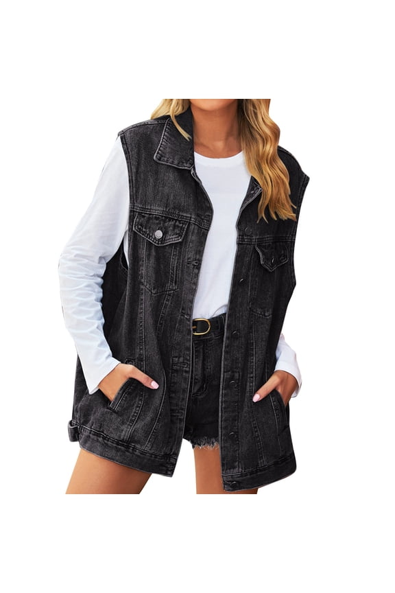 Womens Loose Denim Vest Sleeveless Casual Jean Jacket Solid Color Summer Fall Layering,Black,SIZE:S