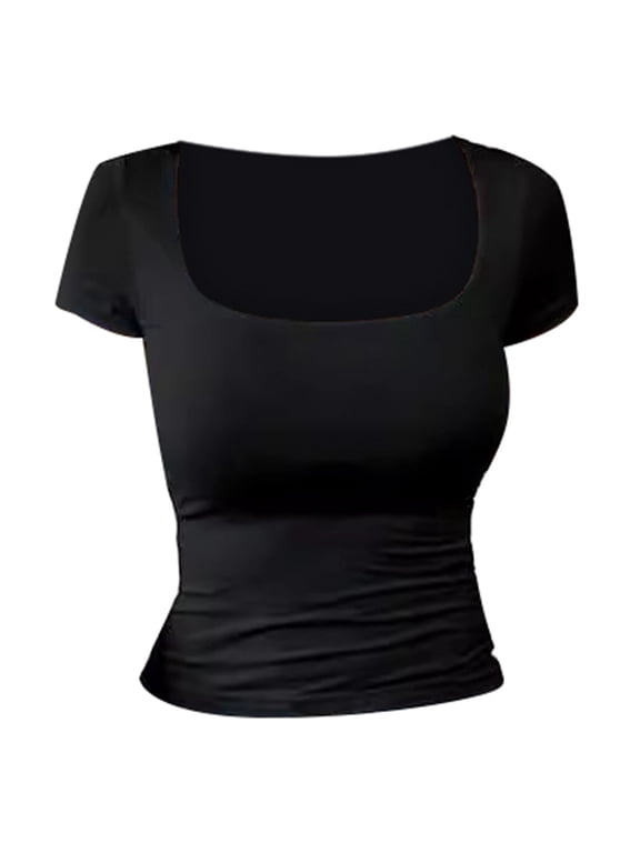 Womens U Neck T-Shirt Slim Fit Short Sleeve Solid Color Casual Basic Tee Soft classic fitted tee,Black,SIZE:L