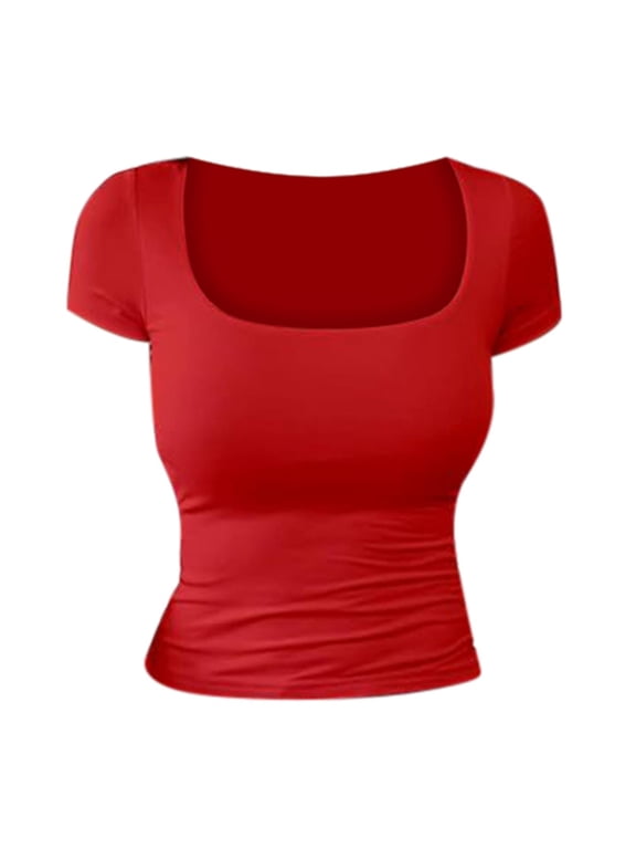 Womens U Neck T-Shirt Slim Fit Short Sleeve Solid Color Casual Basic Tee Soft classic fitted tee,Red,SIZE:L