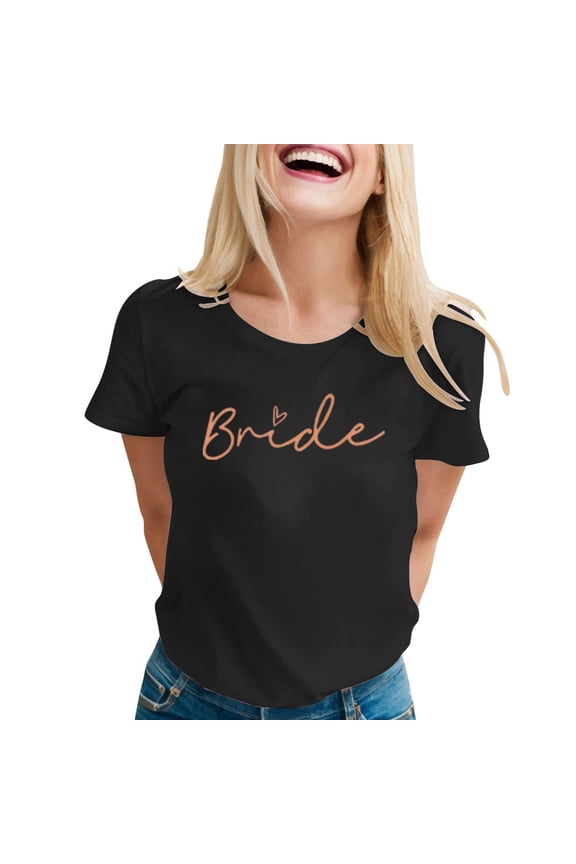 Womens Wedding Letter Print Short Sleeve T Shirt Wedding Party Crew Neck Casual Top,Black,SIZE:M