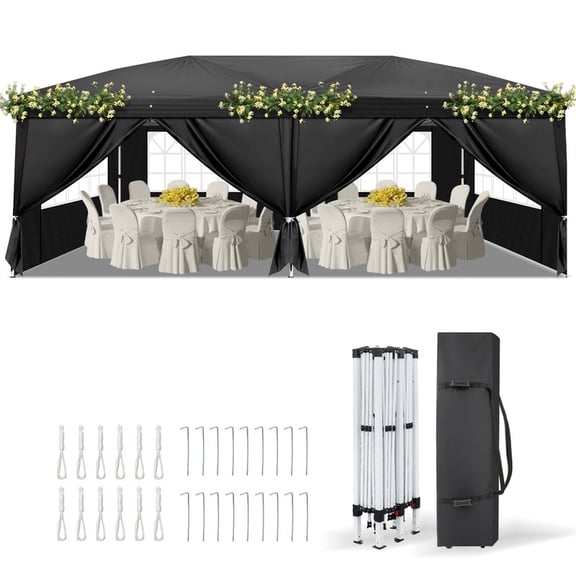Qifang 10x20 Pop Up Canopy Tent with Removable Sidewalls and Mesh Windows 210D Oxford Waterproof UV Resistant Top Steel Frame Black