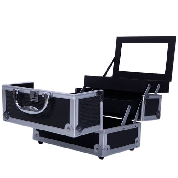 Qifang Black Diamond Texture Aluminum Makeup Storage Case Portable Beauty Organizer Travel Trolley with Built-in Mirror and Key Lock 9"x6"x6"